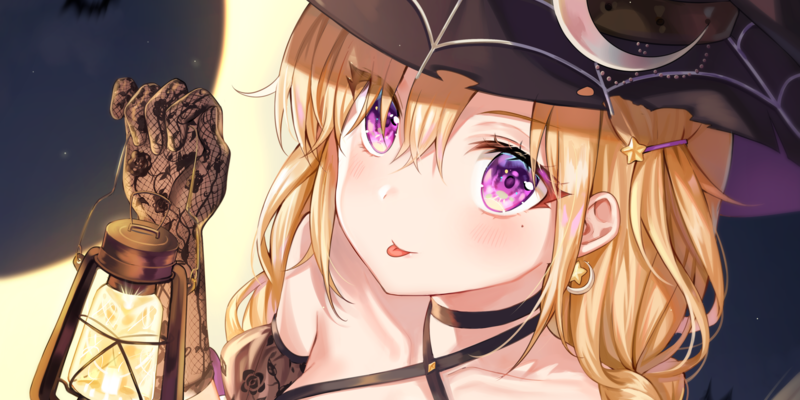 anime, anime girls, blonde, purple eyes, hat, Halloween