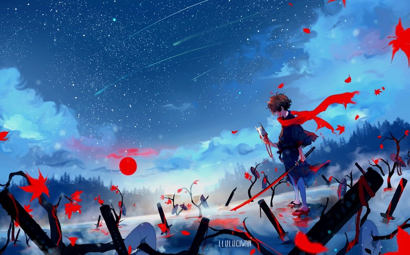 anime, sky, sword, clouds, Blood moon