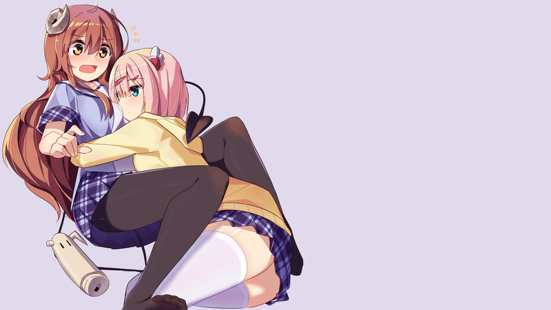 Machikado Mazoku, simple background, yuri, blue, Yoshida Yuuko, Chiyoda Momo, redhead, anime, anime girls, school uniform, white skin, demon girl, black stockings