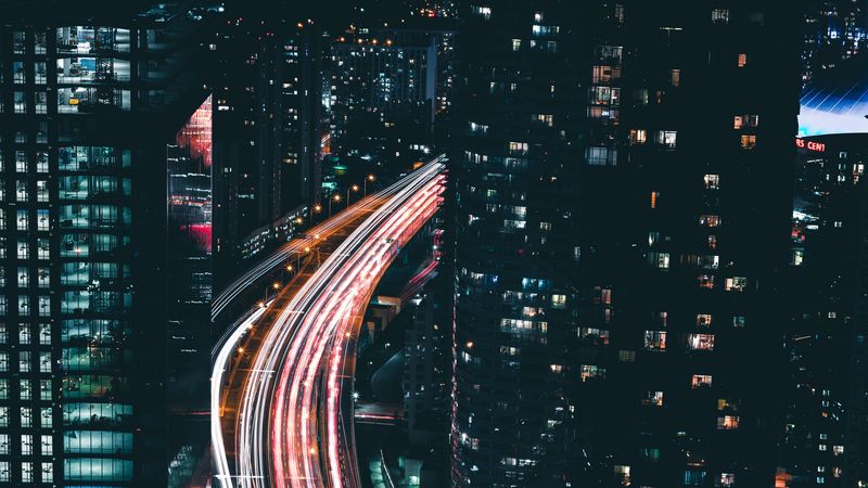 night city, long exposure, night, city lights, road, 4k