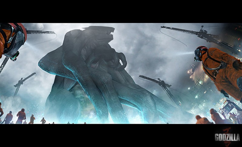 Godzilla, movies, concept art, kaiju, creature, cyan, low-angle