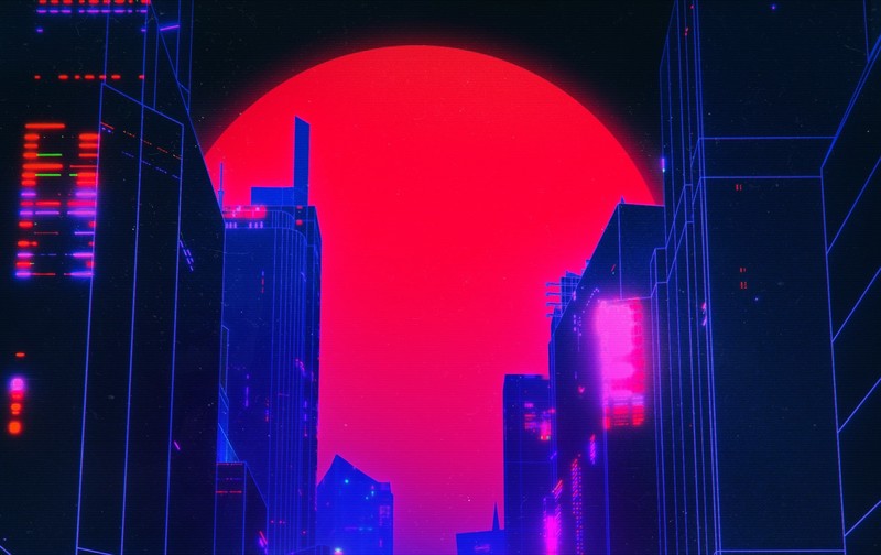 city, cityscape, artwork, Sun, Retrowave