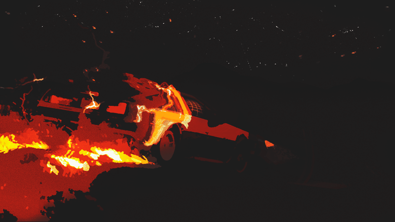 fire, car, time travel, starred sky, red, dark, Back to the Future