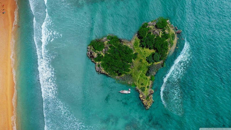 nature, waves, sea, water, grass, trees, boat, island, Photoshop