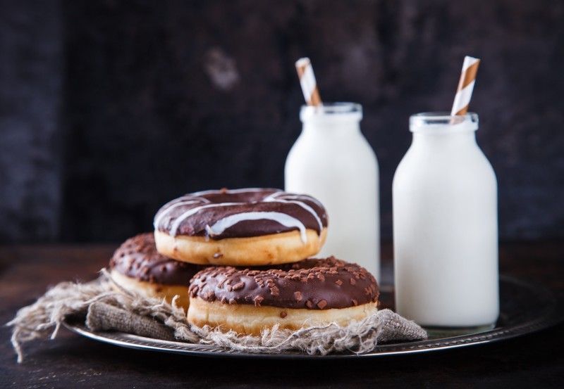 food, sweets, milk, donut, donuts