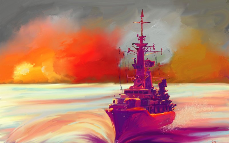 illustration, ship, clouds, water