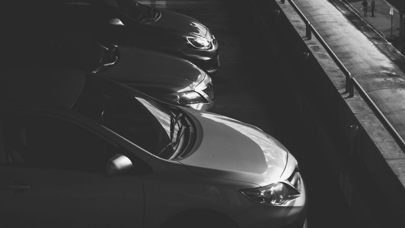 cars, bw, dark, parking, monochrome, 4k