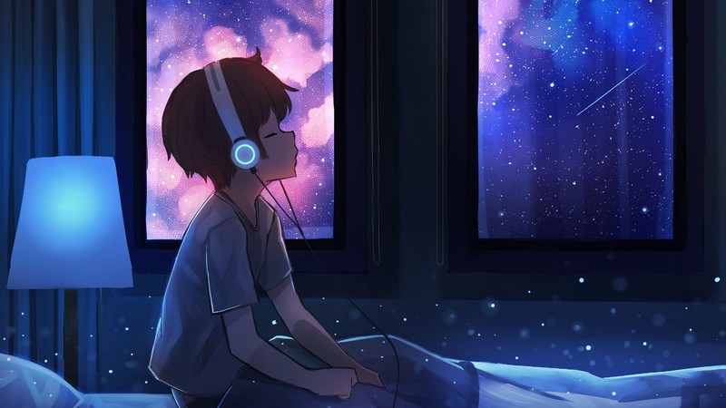 people, artwork, room, headphones, window, bed