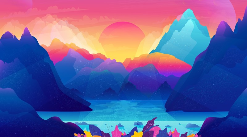 abstract, artwork, colorful, hills, leaves, Sun, water