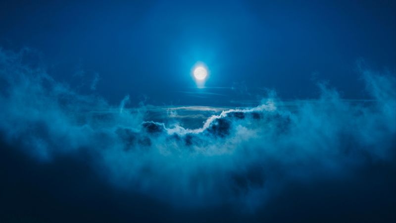 moon, clouds, blue, light, sky, 4k