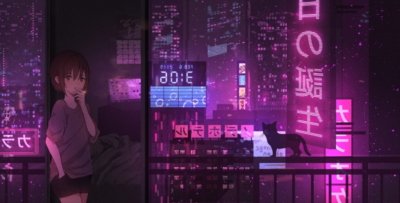 anime, anime girls, city, night, cats, smoke, catzz, cigarettes, smoking
