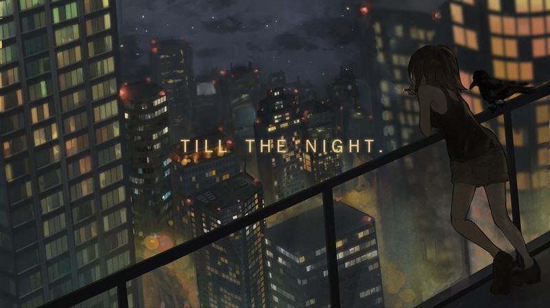 anime, anime girls, city, night, smoke, catzz, cigarettes, smoking, crow