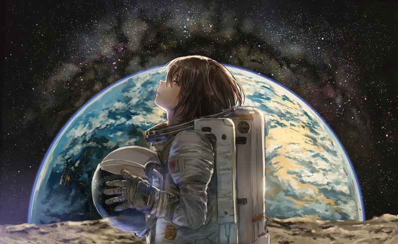anime, anime girls, astronaut, Earth, catzz
