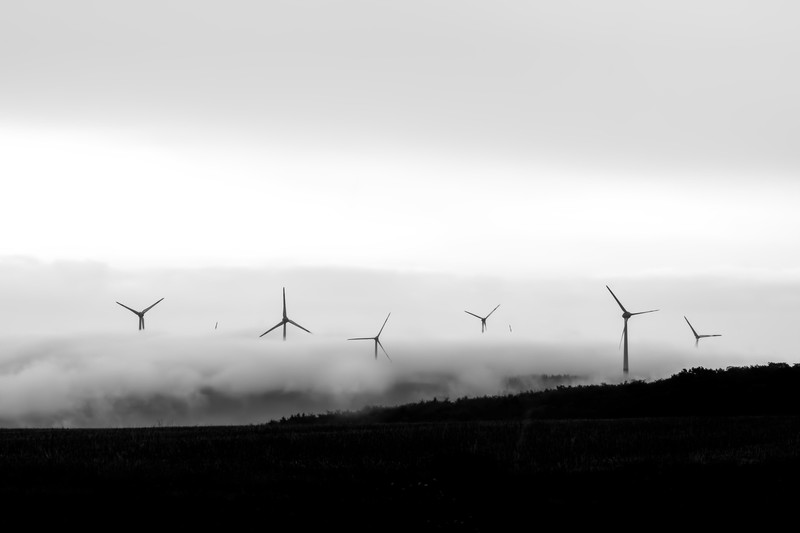 mist, landscape, outdoors, monochrome, wind turbine, sky