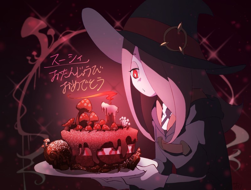 Halloween, witch, witch hat, cake, dark, food, hat, hoods, Little Witch Academia, long hair, pink hair, red eyes, skull, Sucy Manbavaran