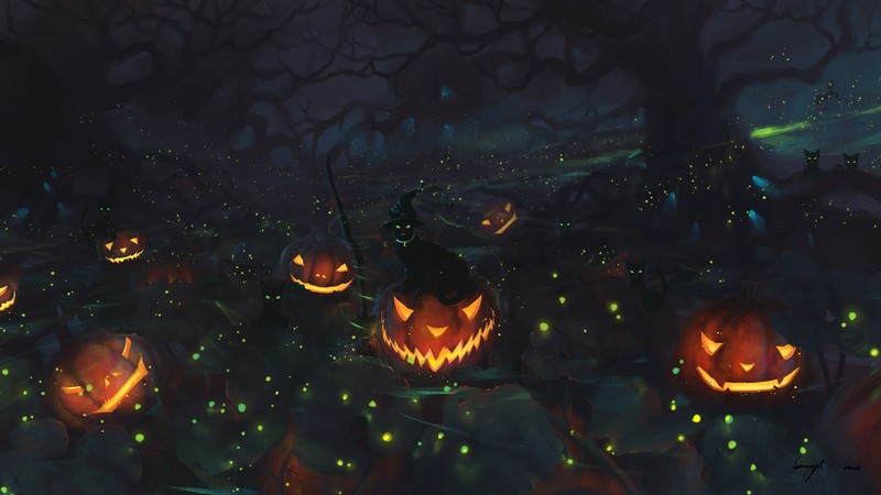 BisBiswas, black cats, cats, Halloween, pumpkin, Jack O Lantern, forest, fireflies