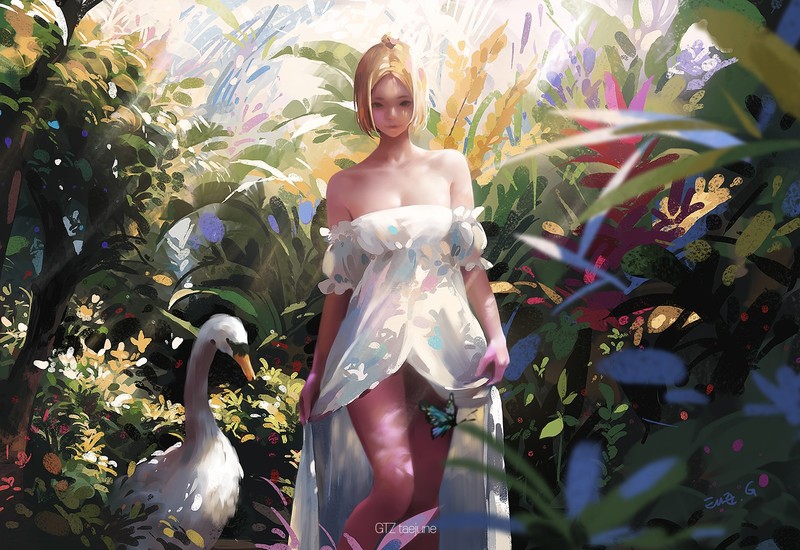 women, blonde, bare shoulders, dress, white dress, swan, birds, nature, environment, bokeh, butterfly, sun rays, artwork, drawing, digital art, illustration, original characters, Taejune Kim, anime, anime girls, frontal view