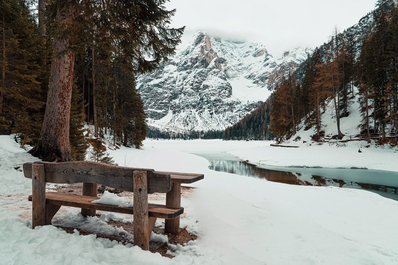 cold, nature, snow, outdoors, bench, mountains