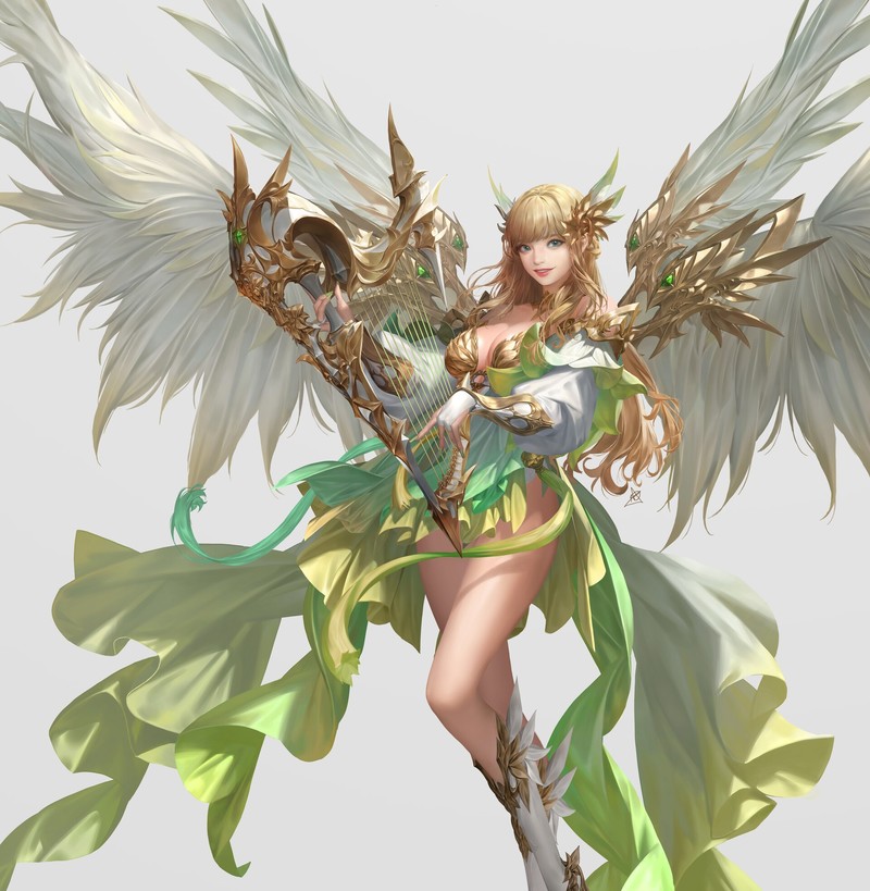 Daeho Cha, drawing, women, blonde, hair accessories, wings, dress