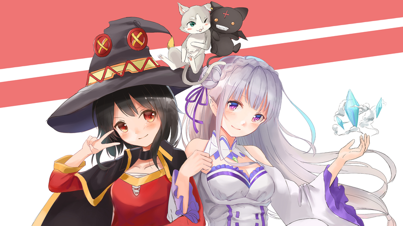 anime, anime girls, fan art, white skin, Re:Zero Kara Hajimeru Isekai Seikatsu, Emilia (Re: Zero), Megumin, white background, white hair, wizard, Puck (Re:Zero)