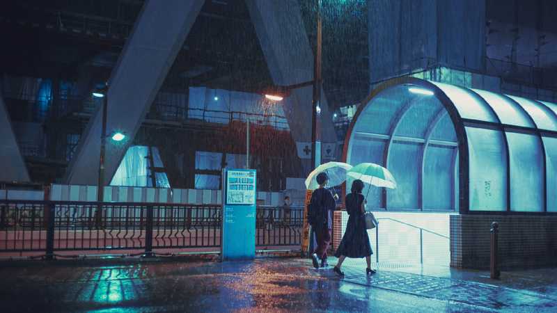 Japan, rain, digital art, artwork, umbrella, lights, blue