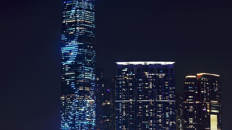 skyscraper, night city city lights, architecture, hong kong, 4k