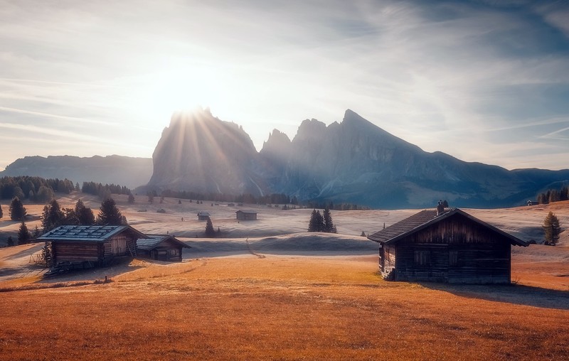 morning, field, mountains, sky, sunlight, landscape
