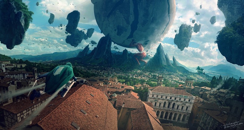 Erik Shoemaker, Shingeki no Kyojin, floating, rocks, city, hood, flying, giant, planet
