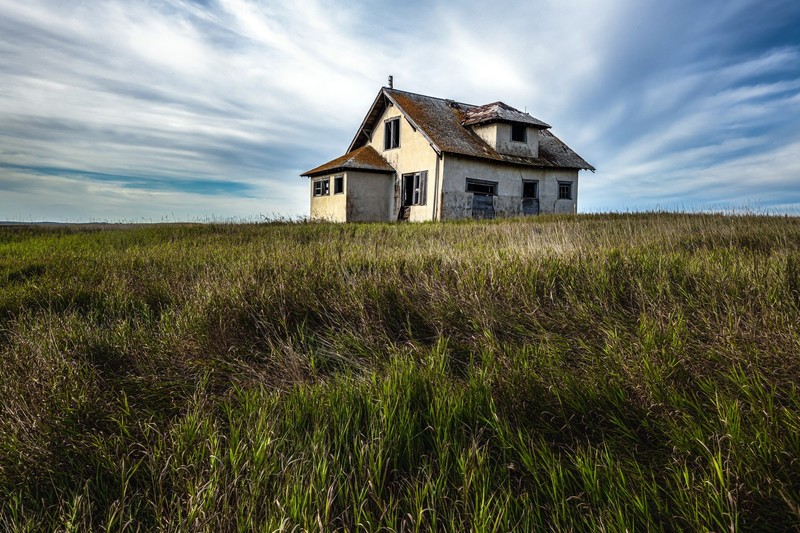 field, house, sky, ruin, building