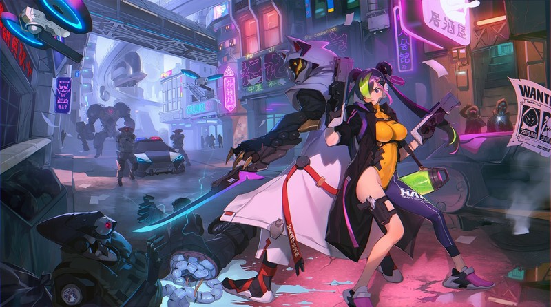 big boobs, cyberpunk, mech