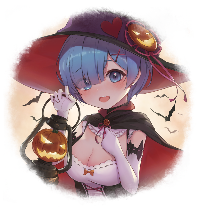 cleavage, Rem (Re: Zero), Re:Zero Kara Hajimeru Isekai Seikatsu, Halloween, breast hold, witch, white background