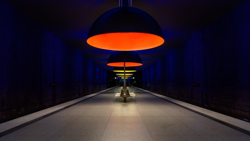 Munich, Bavaria, Westfriedhof, architecture, underground, platform, lights, symmetry, blue, orange
