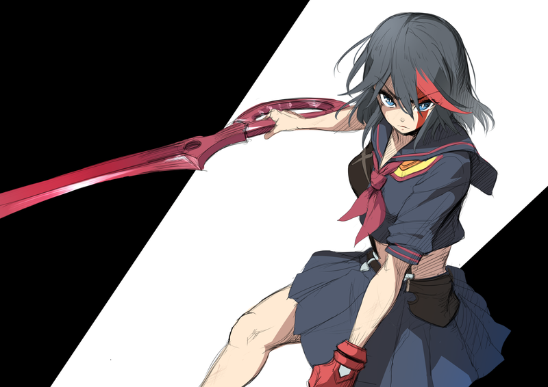 anime, anime girls, Kill la Kill, Senketsu, fan art, black background, Matoi Ryuuko, dark hair, school uniform, white skin, black skirts