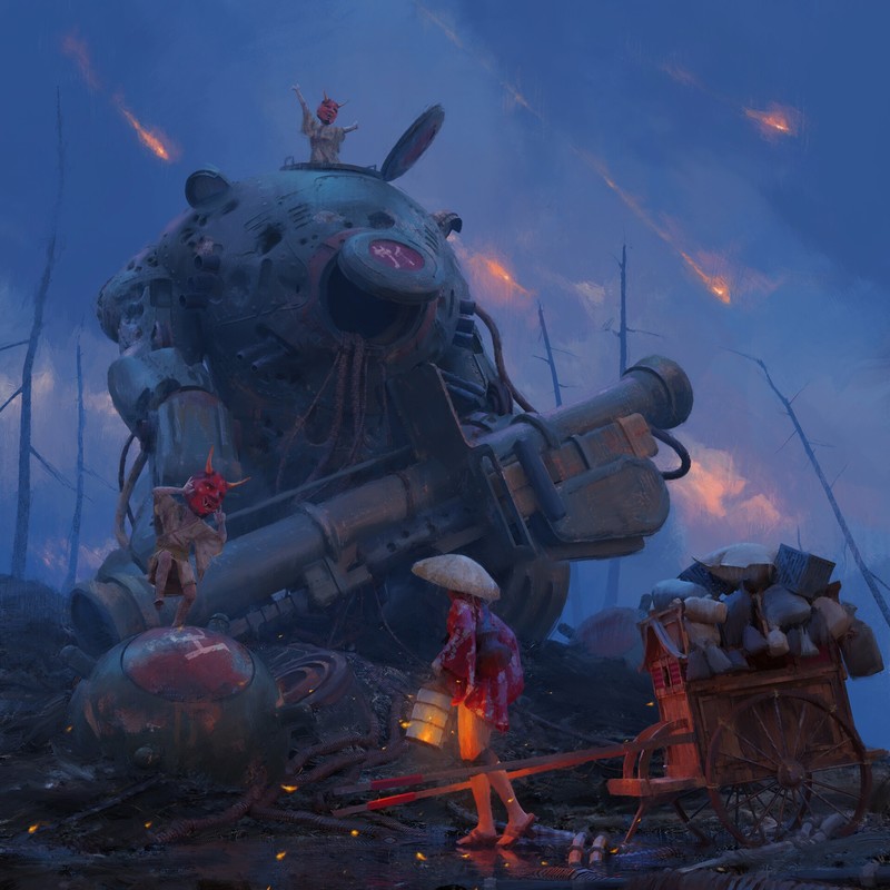 mech, demon, mask, weapon, horns, eastern, wires, debris, cannons, lantern, children, women, fire