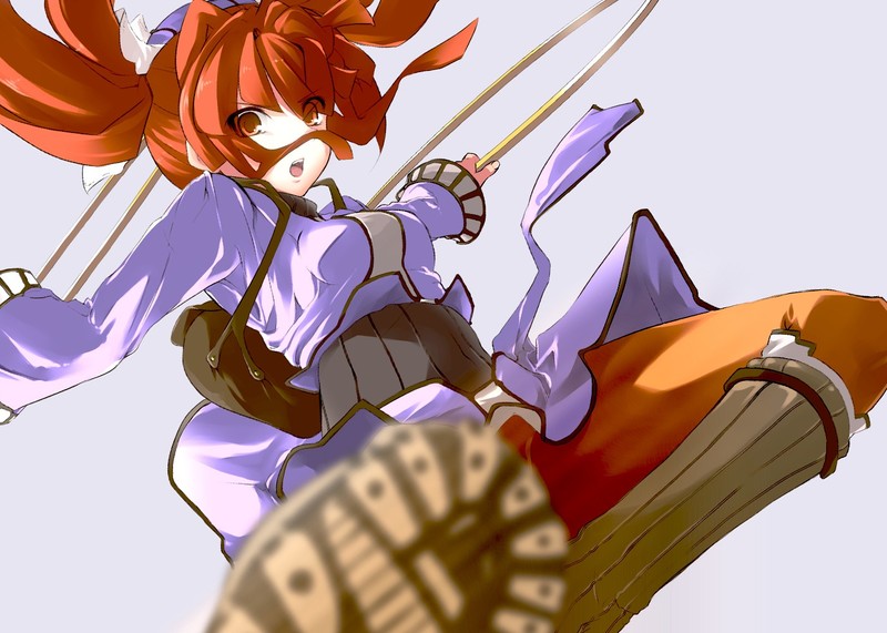 twintails, redhead, simple background, anime, boots