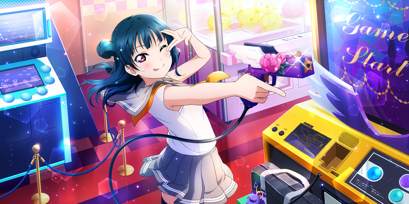 Love Live Series, Love Live!, Love Live! Sunshine, anime girls, anime, blue hair, arcade, tongue out, colorful, Tsushima Yoshiko