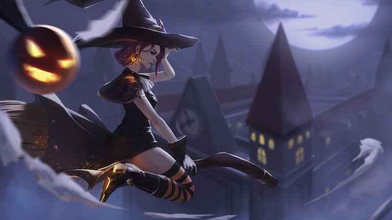 women, fantasy girl, witch, witch hat, women with hats, fantasy art, profile, dress, black dress, thigh-highs, striped stockings, boots, witches broom, depth of field, bokeh, flying, moonlight, night, gloves, purple hair, Halloween, original characters, artwork, drawing, illustration, digital art, sparks, Allen Hsieh