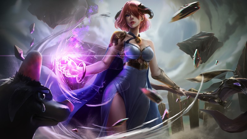 women, fantasy girl, pink hair, horns, looking at viewer, cape, armor, cleavage, dress, scepters, magic, environment, dog, humor, fantasy art, original characters, artwork, drawing, digital art, illustration, crying, Allen Hsieh