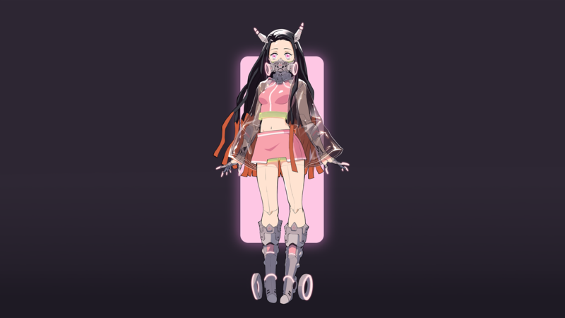 Kamado Nezuko, Kimetsu no Yaiba, anime, anime girls, fan art, long hair, pink eyes, demon girls, pink tops, pink clothing, fantasy girl, cyberpunk, minimalism, artwork, drawing, digital art, illustration, 2D, simple background, cyborg, Lulu Yang