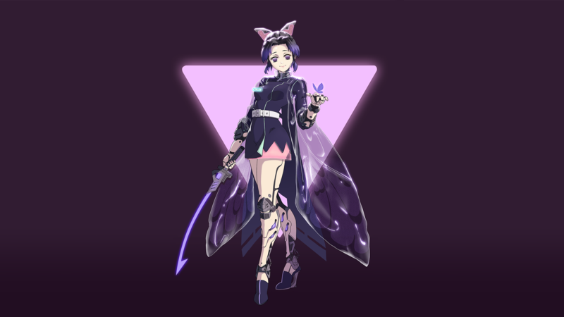 Kochou Shinobu, Kimetsu no Yaiba, anime, anime girls, fan art, dark hair, purple eyes, smiling, butterfly, katana, weapon, dress, fantasy girl, cyberpunk, neon, minimalism, artwork, drawing, digital art, illustration, 2D, simple background, purple background, cyborg, Lulu Yang