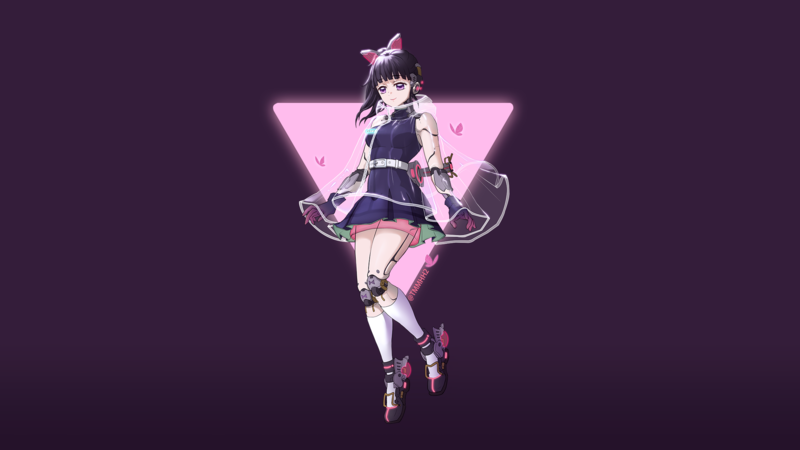 Kanao Tsuyuri, Kimetsu no Yaiba, anime, anime girls, fan art, black hair, purple eyes, smiling, butterfly, dress, fantasy girl, cyberpunk, neon, minimalism, artwork, drawing, digital art, illustration, 2D, simple background, purple background, cyborg, Lulu Yang