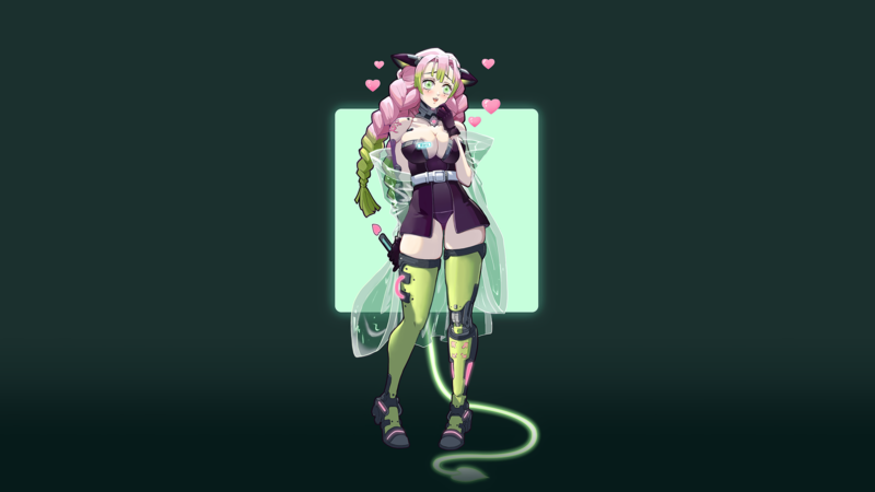 Mitsuri Kanroji, Kimetsu no Yaiba, anime, anime girls, fan art, pink hair, green eyes, blushing, braided hair, cat ears, Heart (Design), cleavage, thigh-highs, fantasy girl, cyberpunk, neon, minimalism, artwork, drawing, digital art, illustration, 2D, simple background, green background, cyborg, Lulu Yang