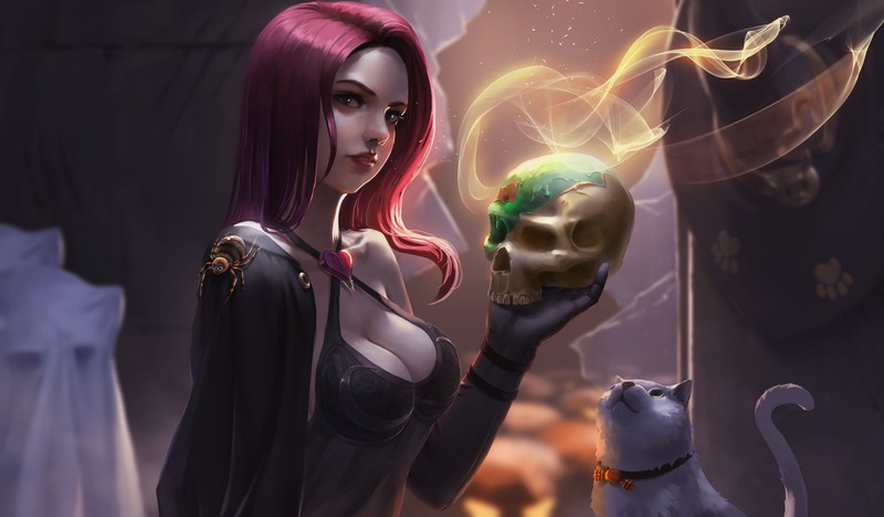 women, fantasy girl, witch, witch hat, fantasy art, redhead, looking at viewer, portrait, magic, skull, dress, black dress, cleavage, cats, spider, animals, Halloween, original characters, artwork, drawing, illustration, digital art, Allen Hsieh