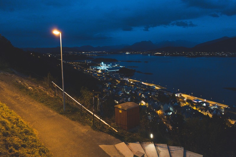 Norway, landscape, mountains, night, nature, city, Ålesund, street light, water, lights, Europe, Scandinavia, fjord