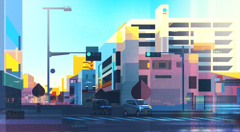 city, cityscape, urban, car, artwork, digital art, illustration