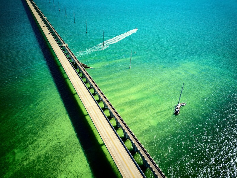 bridge, road, water, boat, green, landscape, high angle