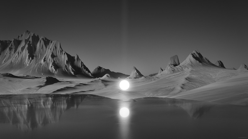 sphere, hills, water, reflection, dark, gray