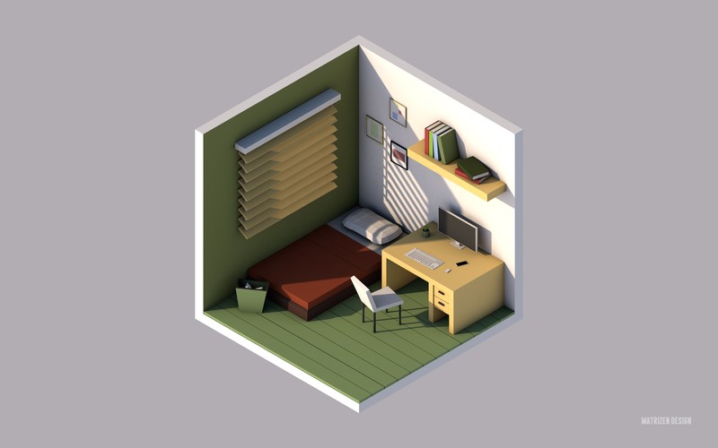 low poly, isometric, room, bedroom, office, window ledge, books, monitor, desk, computer, trash, Cinema 4D, render, graphic design, modern