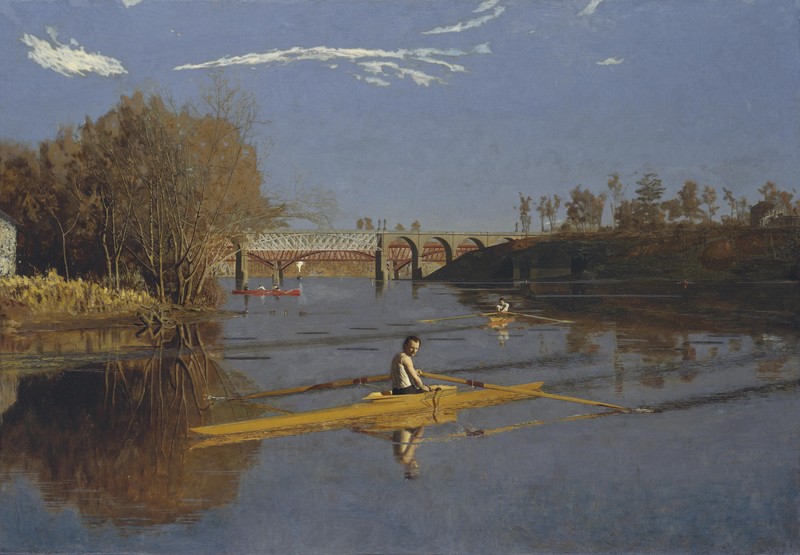 painting, artwork, bridge, boat, vehicle, river, classical art