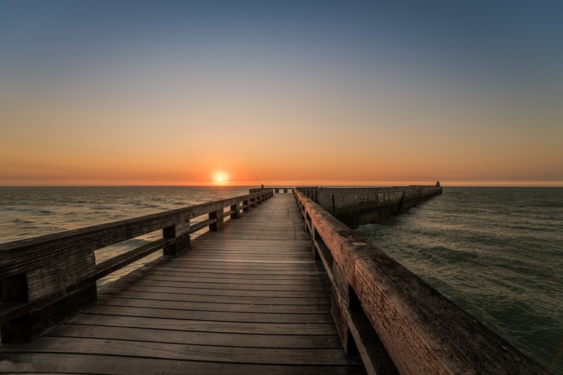 Sun, water, sea, bridge, wood, clear sky, landscape